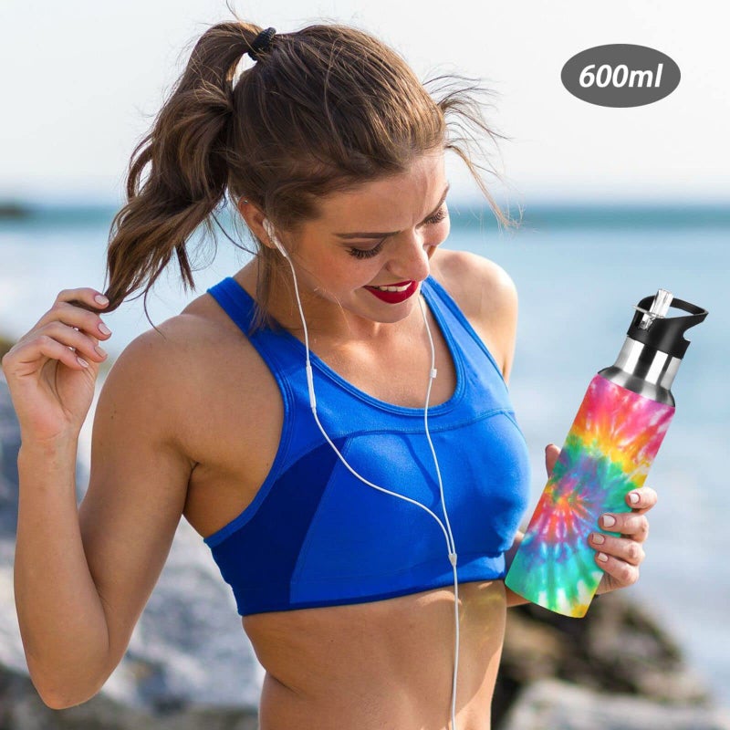 BOENLE Tie Dye Rainbow Water Bottle Girls Insulated Thermos Kids Women Stainless Steel Hot Cold Water Flask Jug Straw Lid for Sports Gym Running 20 oz - Image 5